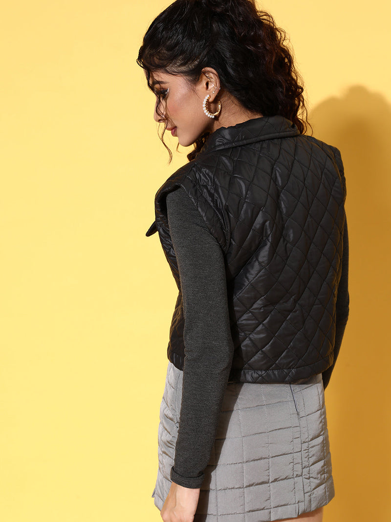 Women Black Sleeveless Quilted Crop Jacket