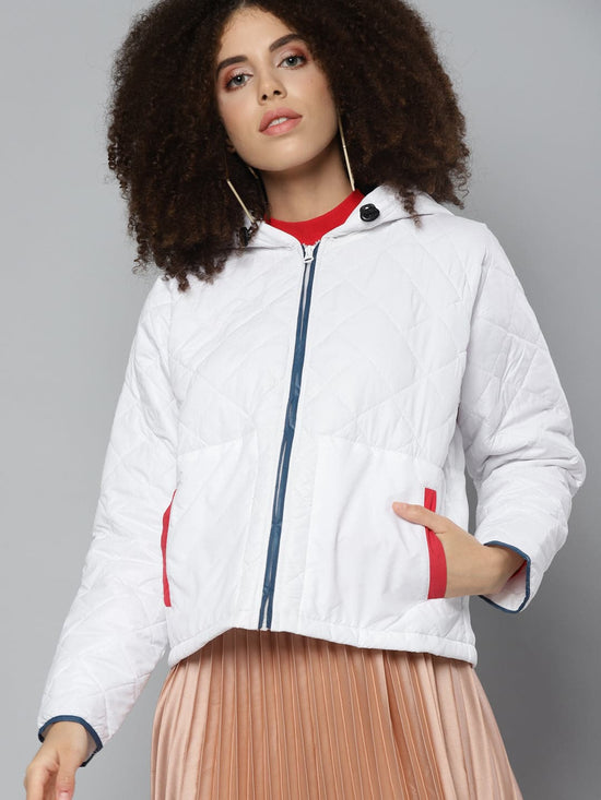 White Contrast Pocket Puffer Jacket