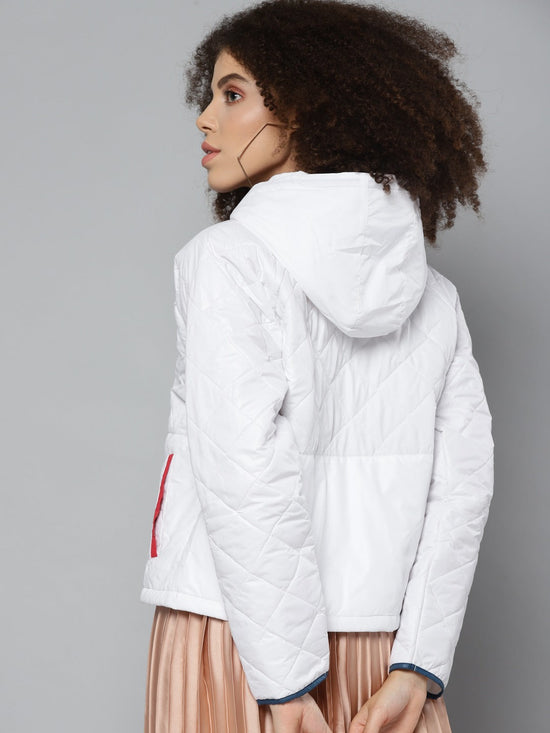 White Contrast Pocket Puffer Jacket