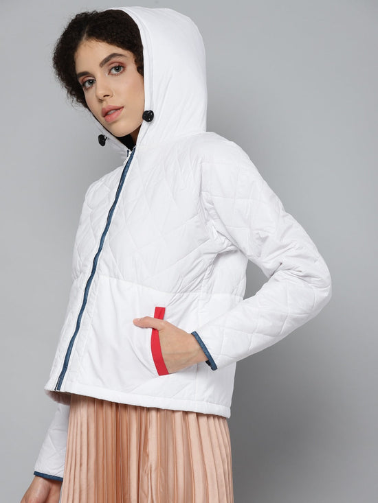 White Contrast Pocket Puffer Jacket