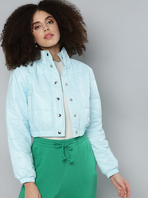 Blue Snap Button Puffer Bomber Jacket