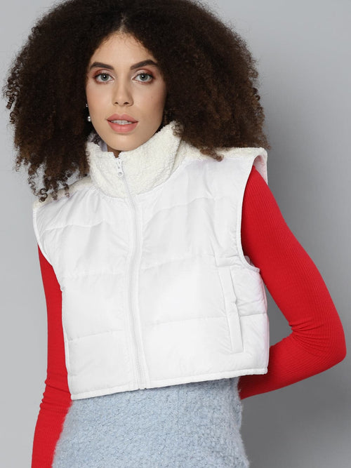 White Fur Shoulder Crop Puffer Jacket