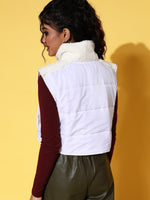 Women White Fur Shoulder Crop Puffer Jacket