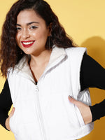 Women White Fur Lined Sleeveless Crop jacket