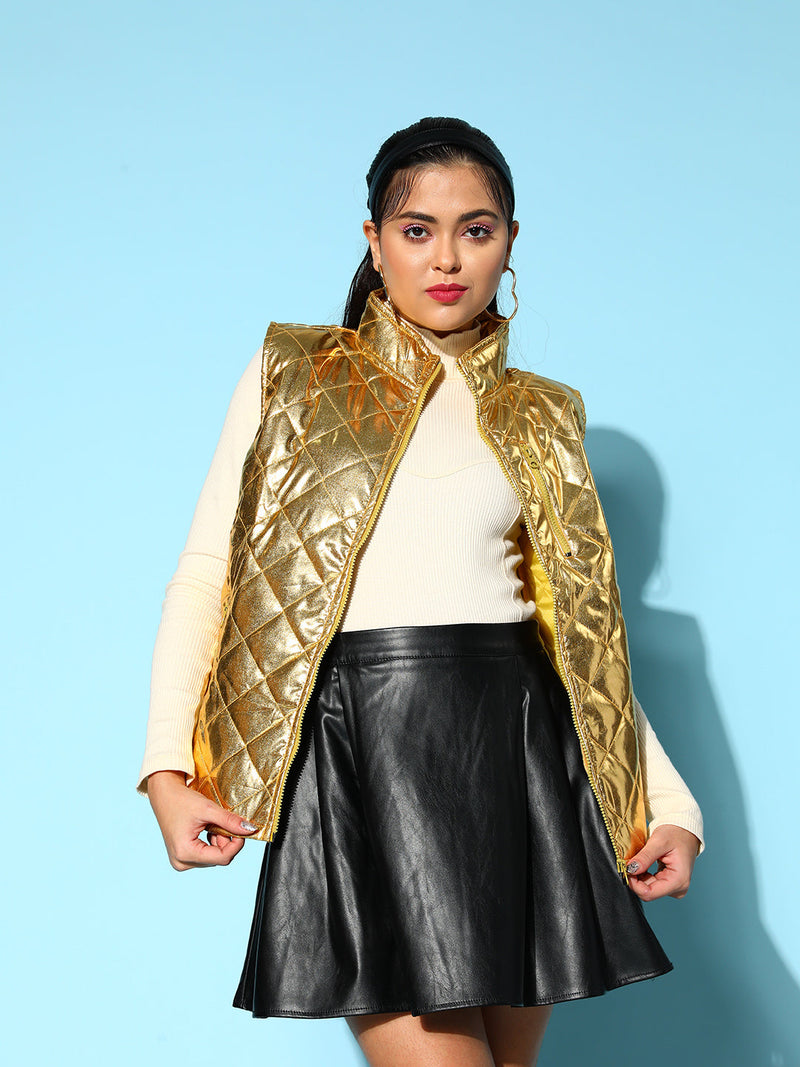 Women Gold Metallic Sleeveless Puffer Jacket