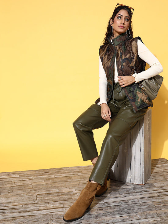 Women Green Camouflage Sleeveless Puffer Jacket