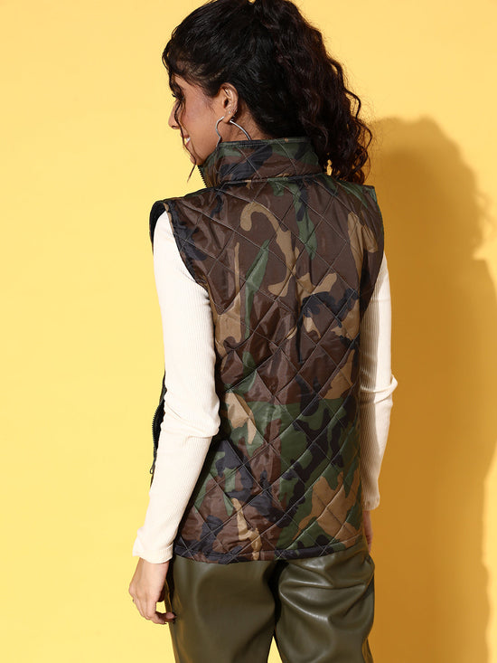 Women Green Camouflage Sleeveless Puffer Jacket