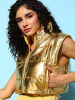 Women Gold Mettalic Sleeveless Puffer Crop Jacket
