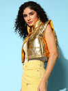 Women Gold Mettalic Sleeveless Puffer Crop Jacket