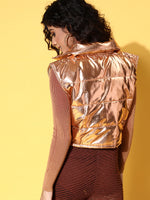 Women Copper Mettalic Sleeveless Puffer Crop Jacket