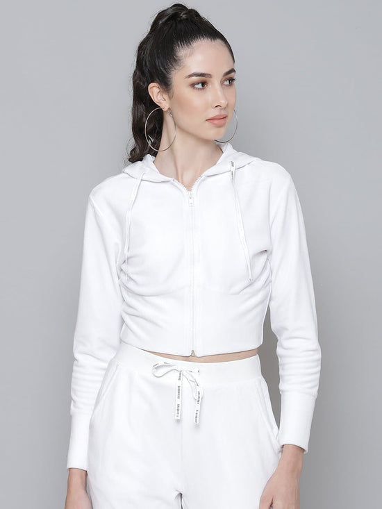 White Velour Studded THINK Hoodie Crop Jacket