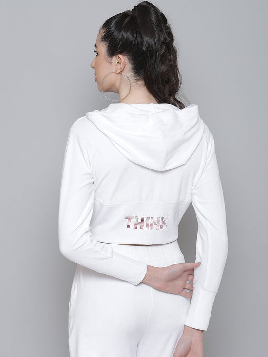 White Velour Studded THINK Hoodie Crop Jacket