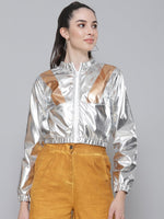 Silver Metallic Crop Bomber Jacket