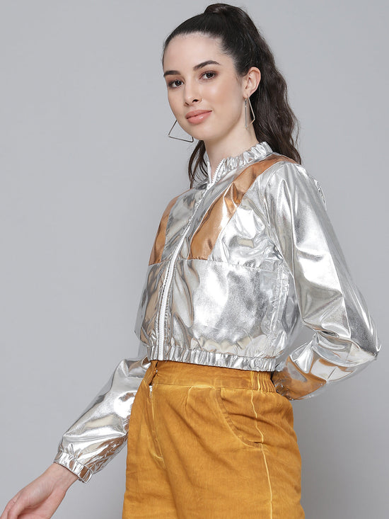 Silver Metallic Crop Bomber Jacket