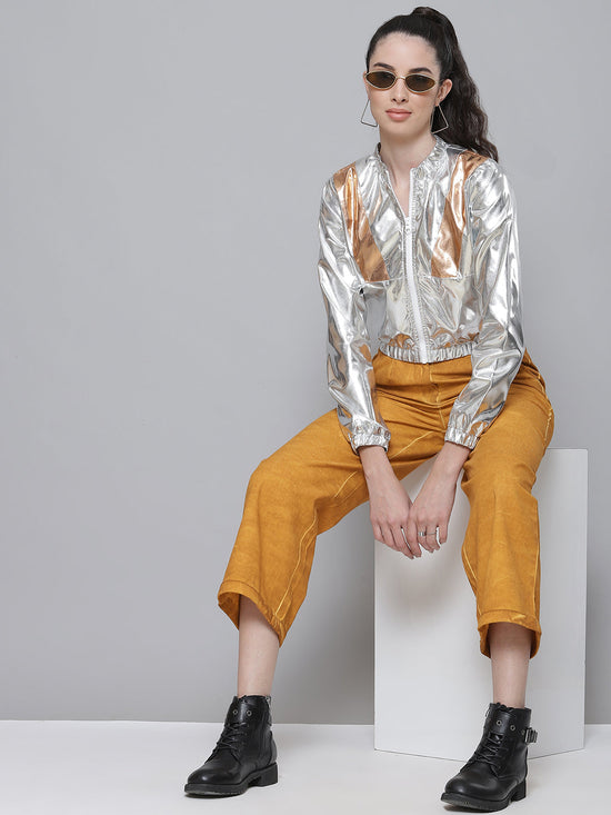 Silver Metallic Crop Bomber Jacket