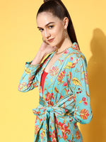 Women Turquoise Floral Velvet Shawl Collar Belted Jacket