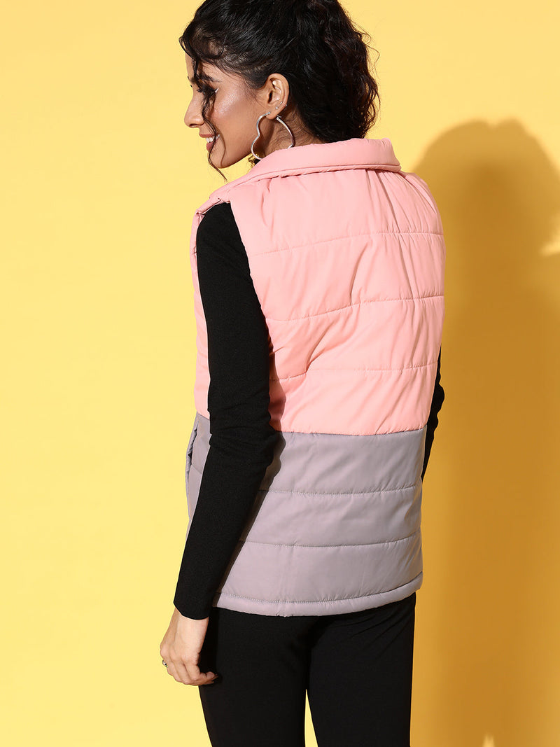 Women Light Pink & Grey ColorBlock Quilted Sleeveless Jacket