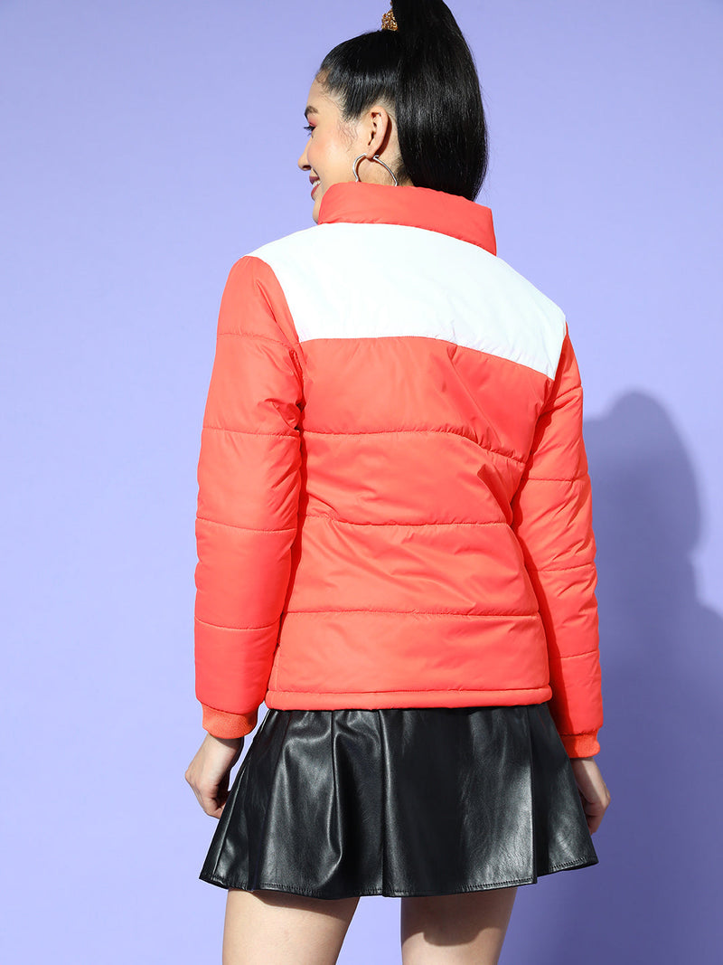 Women Coral & White Color Block Quilted Puffer Jacket