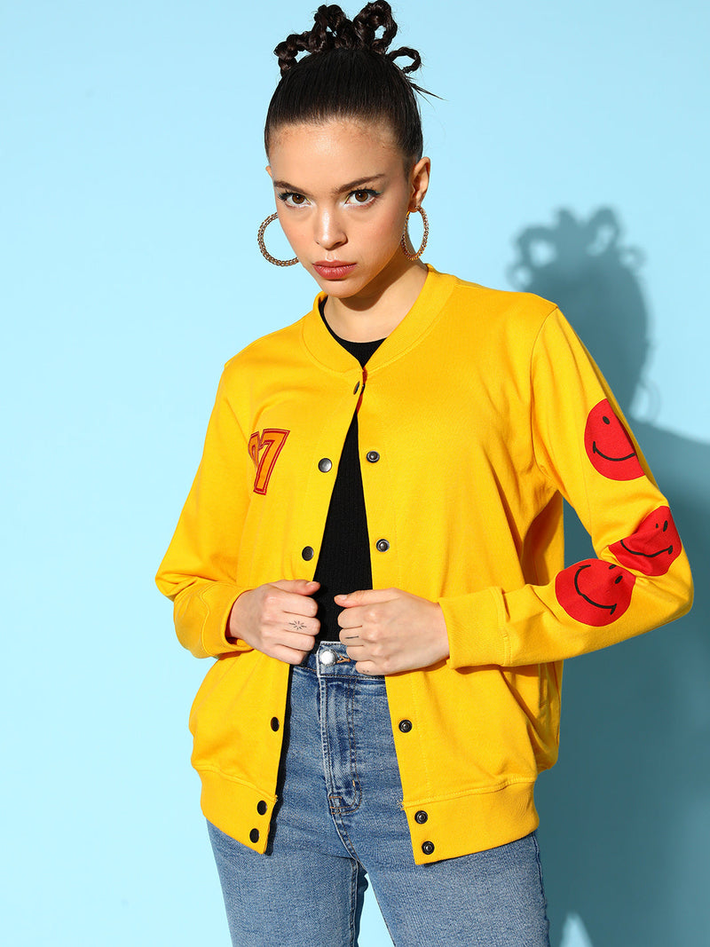 Women Yellow Terry 07 Embroidered Varsity Jacket