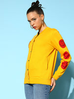 Women Yellow Terry 07 Embroidered Varsity Jacket