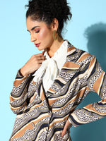 Women Brown Cheetah Stripes Scuba Double Breasted Blazer