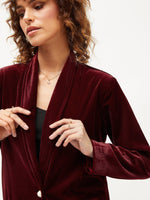 Women Maroon Velvet Shawl Collar Blazer