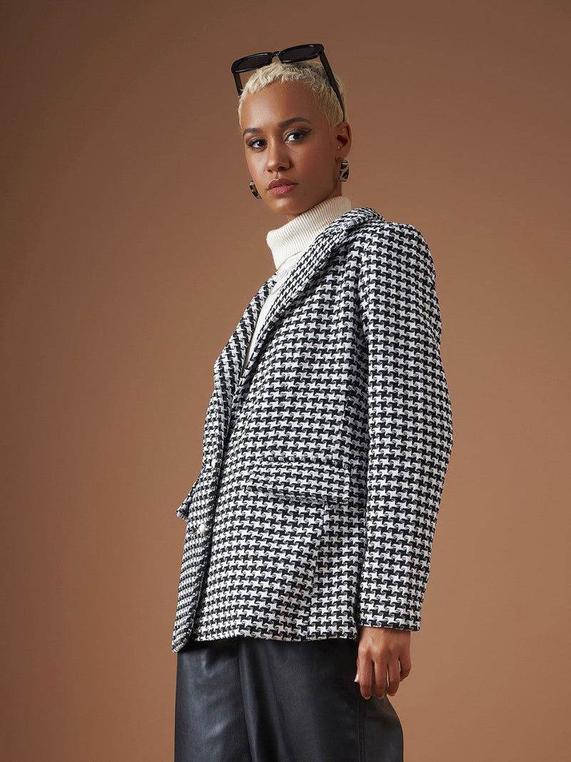 Women Black Geo Jacquard Tweed Double Breasted Blazer