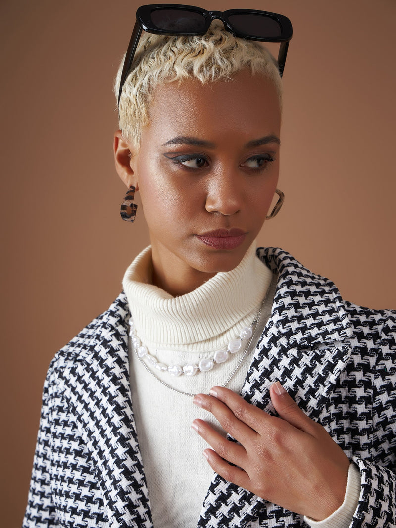 Women Black Geo Jacquard Tweed Double Breasted Blazer