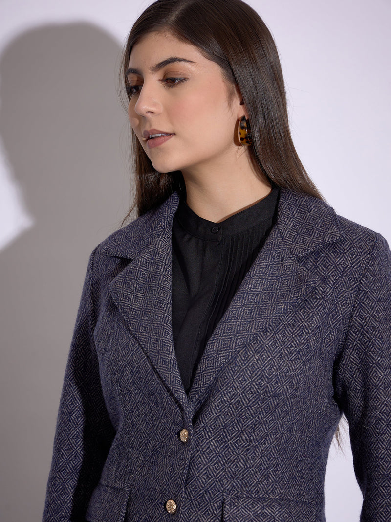 Women Navy Tweed Notch Collar Single-Breasted Blazer