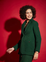 Women Green Tweed Notch Collar Blazer