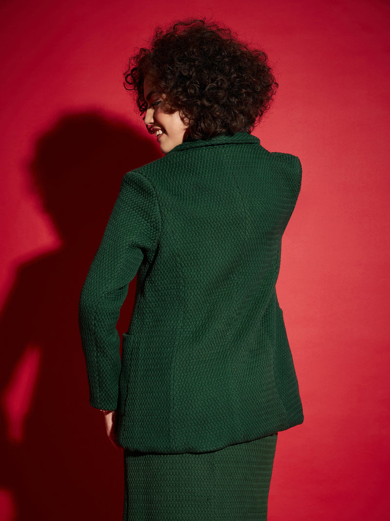 Women Green Tweed Notch Collar Blazer