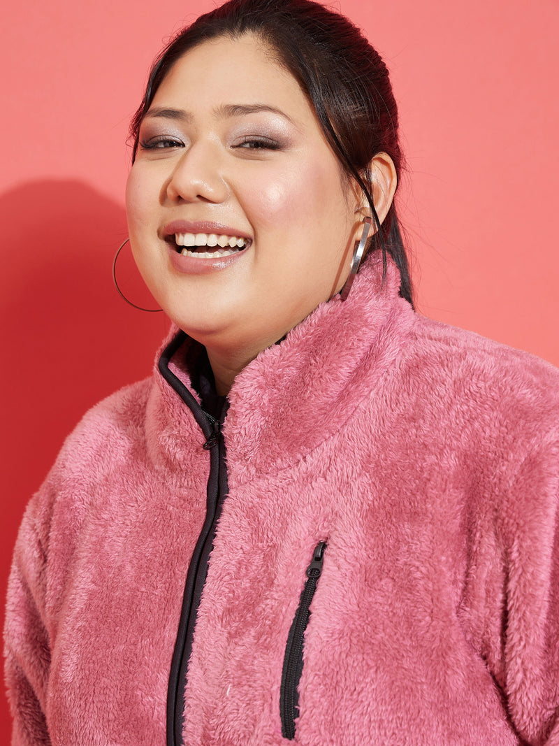 Women Pink Fur Contrast Piping Zipper Jacket