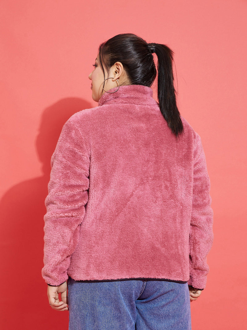 Women Pink Fur Contrast Piping Zipper Jacket