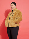 Women Brown Fur Contrast Piping Zipper Jacket