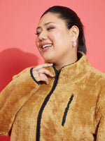 Women Brown Fur Contrast Piping Zipper Jacket