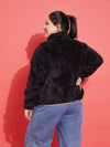 Women Black Fur Contrast Piping Zipper Jacket