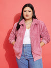 Women Pink Fur Metal Zipper Jacket