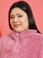 Women Pink Fur Metal Zipper Jacket
