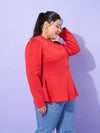 Women Red Fleece Button Peplum Jacket