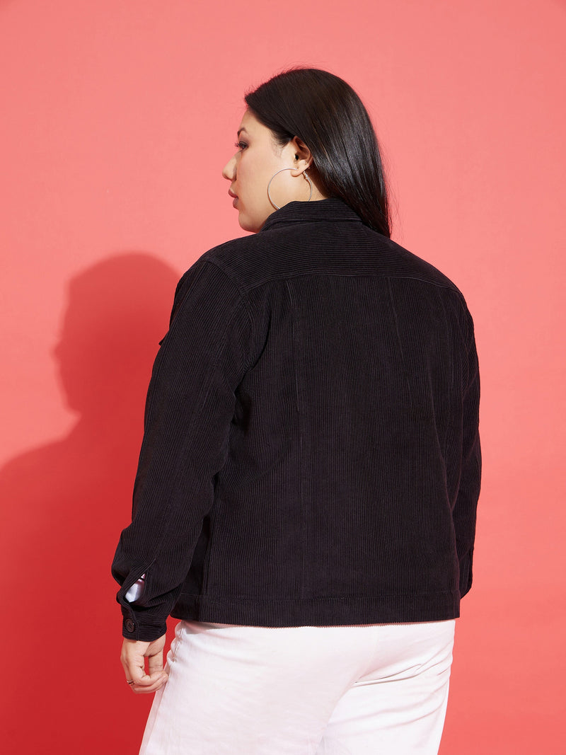 Women Black Corduroy Button Jacket