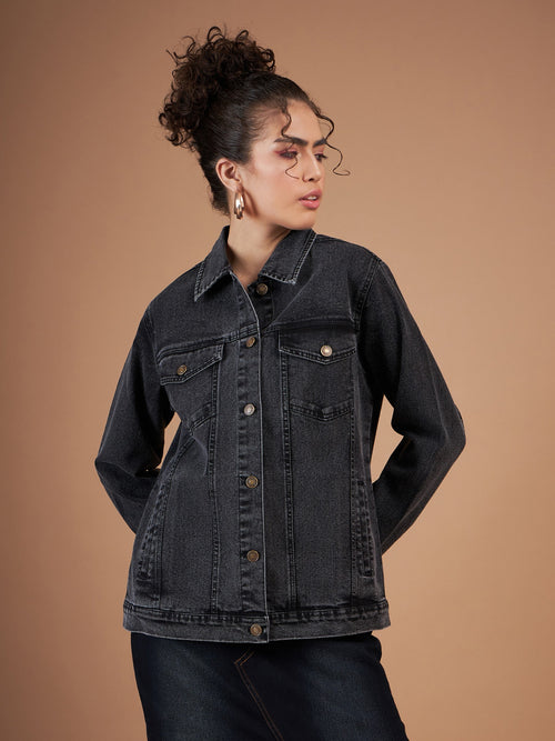 Women Black Washed Denim Oversized Jacket