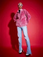 Women Pink Fur Front Zipper High Neck Jacket