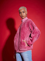 Women Pink Fur Front Zipper High Neck Jacket