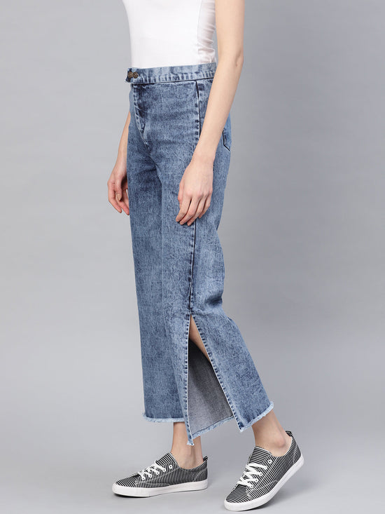 Blue Denim Acid Wash Side Slit Pants