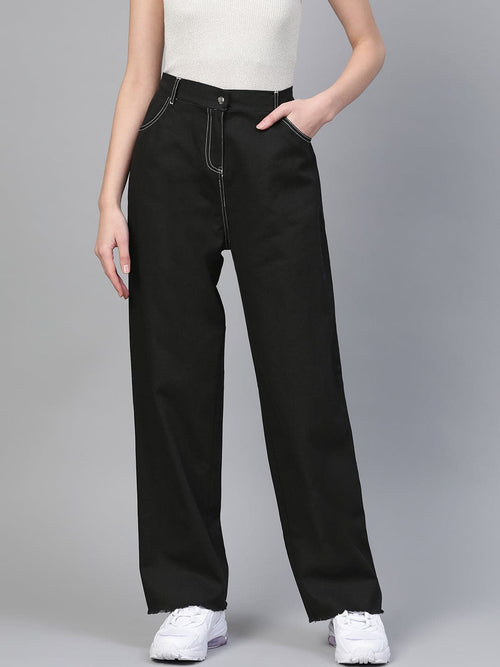 Black With White Contrast Stitch Wide Jeans
