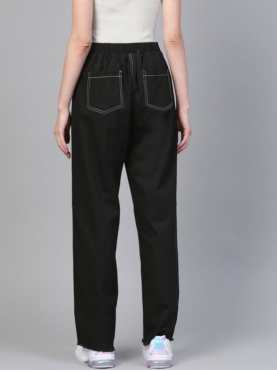 Black With White Contrast Stitch Wide Jeans