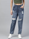 Blue High Waist Distressed Knee Jeans