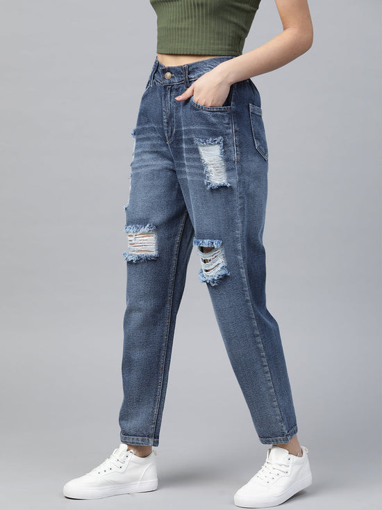 Blue High Waist Distressed Knee Jeans