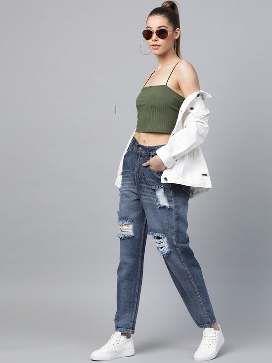 Blue High Waist Distressed Knee Jeans