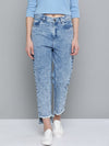 Blue High Low Pearl Detail Mom Jeans